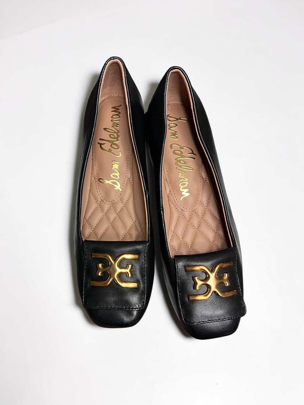 🌻NEW Sam Edelman Emina Square Toe Flats Black Gold Hardware Slip On 1" Heel 6.5